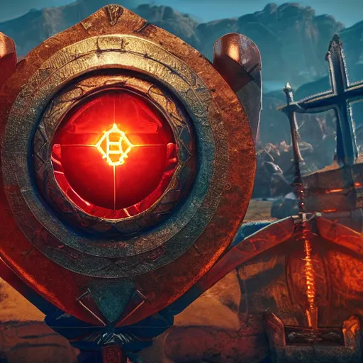 Image similar to full shot of a symmetrical game - icon of giant medieval swords crossed, red powerful fantasy epic legends, game icon stylized, digital illustration radiating, a glowing aura, global illumination, ray tracing, 8 k high definition, intricate details, octane render, unreal engine, trending on arstation