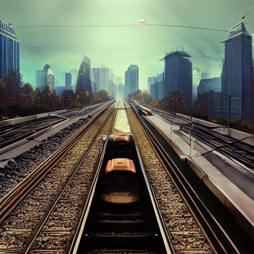 Prompt: man in train throws rocks to cars highway, dramatic lighting, 3 d render, photorealism, unreal engine, art by michael whelan and chris moore and howard david johnson and tim white and dan giancola