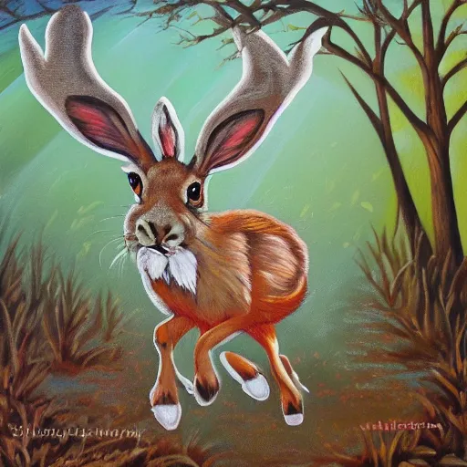 Prompt: acrylic painting of a jackalope running in the woods