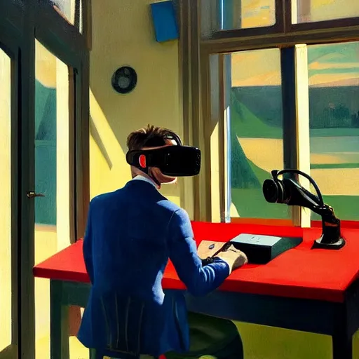 Image similar to A fine art painting of a man wearing Vr goggles and a puffa jacket, he creating the metaverse at a desk through a window on a British street. In the style of Edward Hopper and Wes Anderson