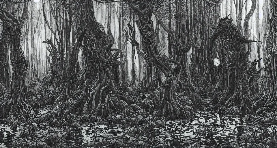 Prompt: A dense and dark enchanted forest with a swamp, by H.P. Lovecraft