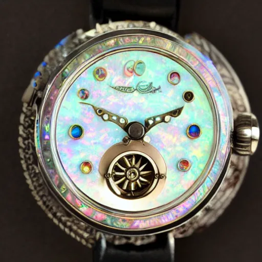 Prompt: celestial watch from the far future with infinite dials, mother of pearl opal, year 2 5 0 0, style of norman rockwell