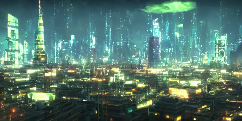 Prompt: a close up of a 'Moscow city' in the atmospheric solar punk anime film, neon noir, at night with lights, by makoto shinkai, in the anime series ergo proxy, beautiful specular edge highlights and rim lighting