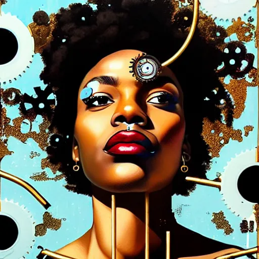 Prompt: portrait of a black woman :: side profile :: in ocean :: clockwork details :: gold :: blood and horror :: by vikings and Sandra Chevrier