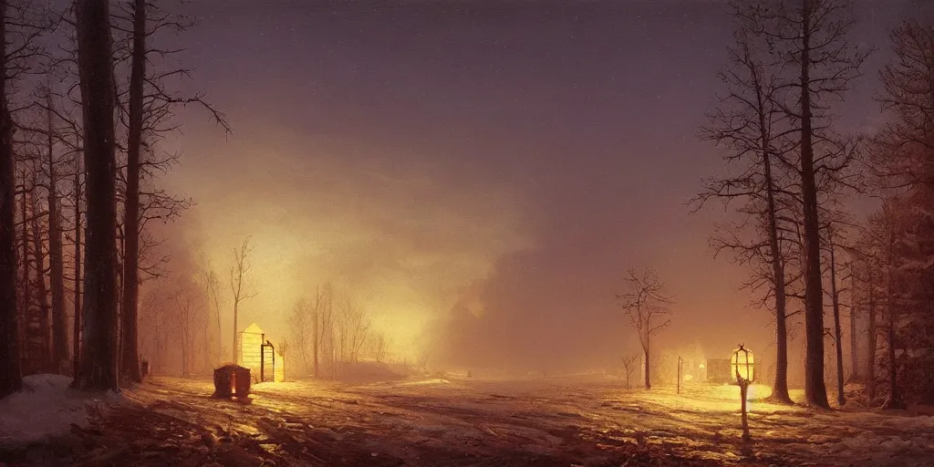 Image similar to The gateway into winter, cottagecore, by Simon Stålenhag and Albert Bierstadt, oil on canvas