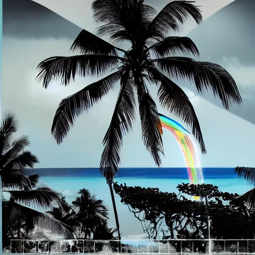 Image similar to miracle musical Hawaii part ii album cover, showing an ocean in the background, spiral transparent stairs on the left with tall palm trees behind it, a slight rainbow in the background, white outline border, moon in the right top area black and white except for the rainbow album cover