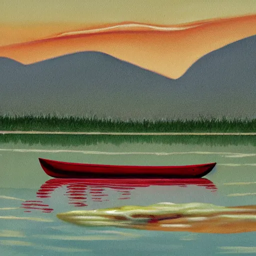 Image similar to painting of a lone canoe floating in a blood river