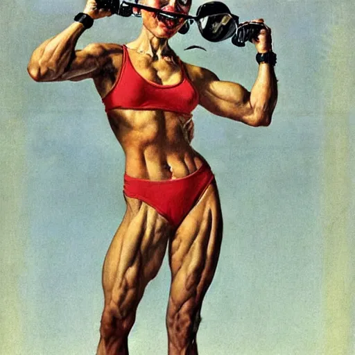 Image similar to happy and muscular woman wearing small goggles, by norman rockwell