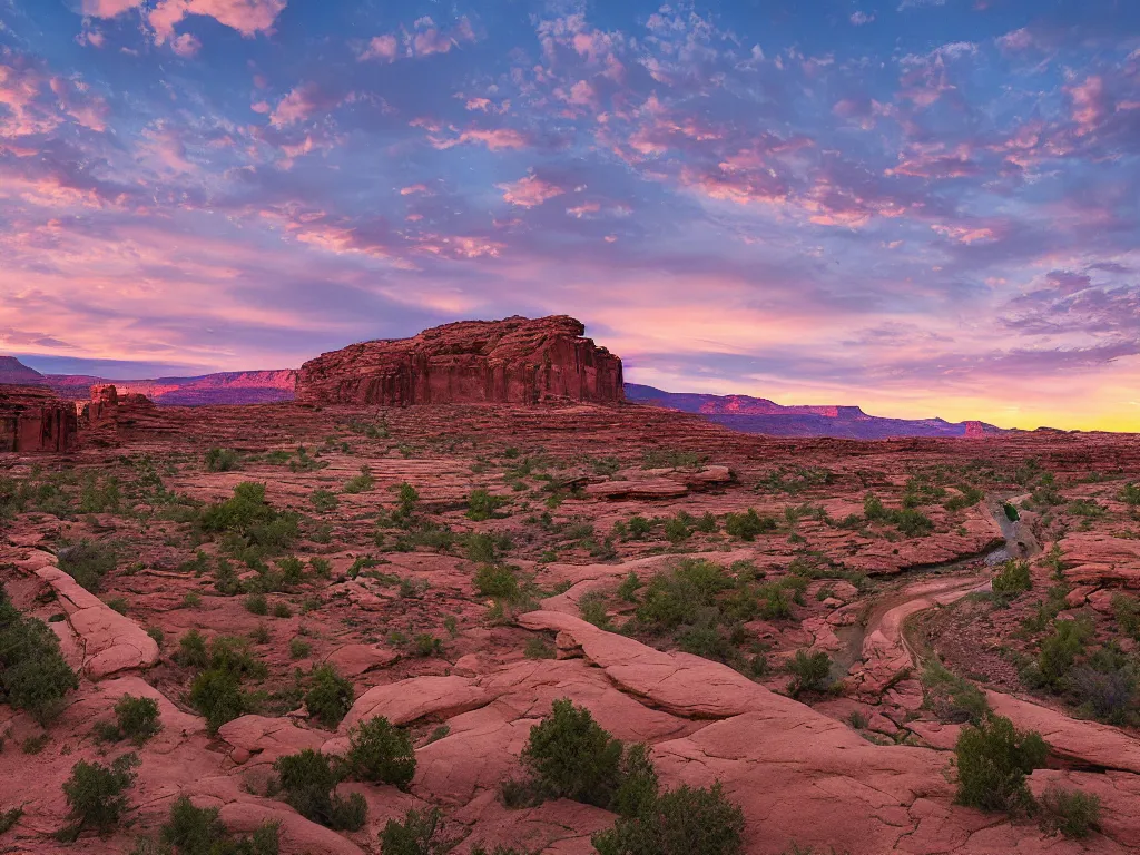 Image similar to “a river bend running through a canyon surrounded by desert mountains at sunset, moab, utah, a tilt shift photo by Frederic Church, trending on unsplash, hudson river school, photo taken with provia, national geographic photo”