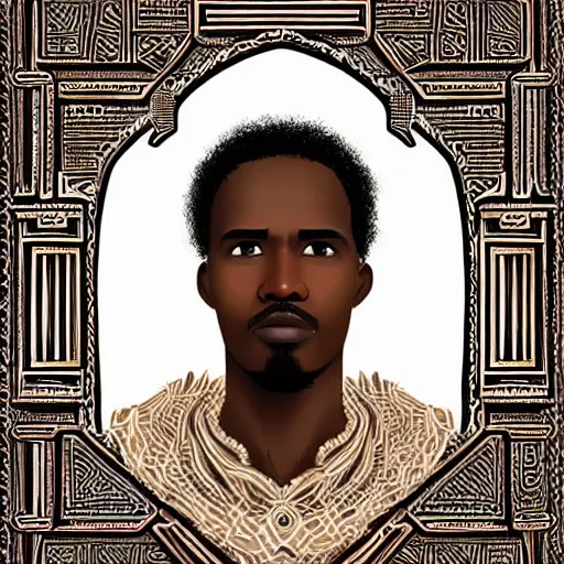 Image similar to east african man, curly hair, muslim man, somali attire, vintage, symmetrical, nostalgic, peaceful, digital painting, intricate details, sharp focus