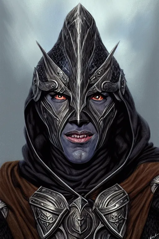 Image similar to head and shoulders portrait of an eldrich knight, drow, dark elf, shadar kai, breastplate, magical, male, high fantasy, d & d, by michael whelan, face details, extremely detailed, digital illustration