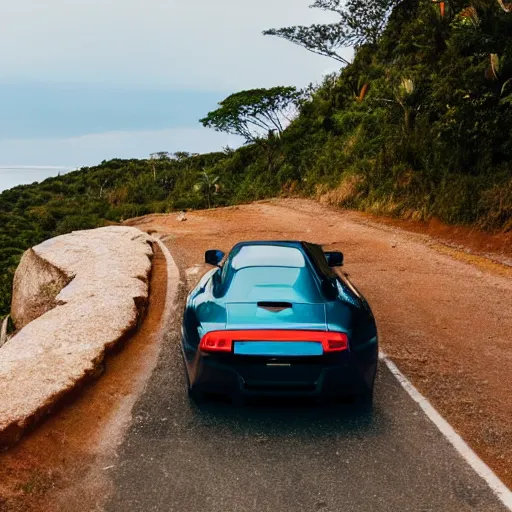 Prompt: fast car driving on a cliff, tropical location, at night, passenger door open, gravel road