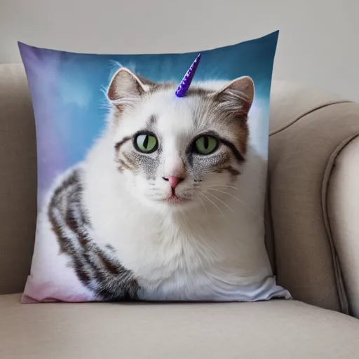 Prompt: portrait of cat unicorn relaxing on pillow, 5 0 mm soft room lighting