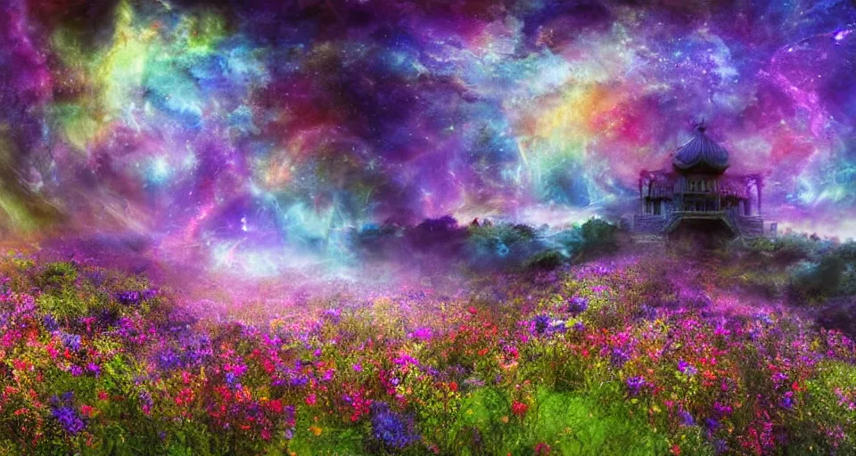 Prompt: a large mystic shrine shrouded by mystic nebula magic in a field of flowers, mad dog jones, breath - taking beautiful flowers, streams, nebula, and mist, an aesthetically pleasing, dynamic, energetic, lively, complex, intricate, detailed, well - designed digital art of magic, streams, flowers, and mist, early morning, light and shadow