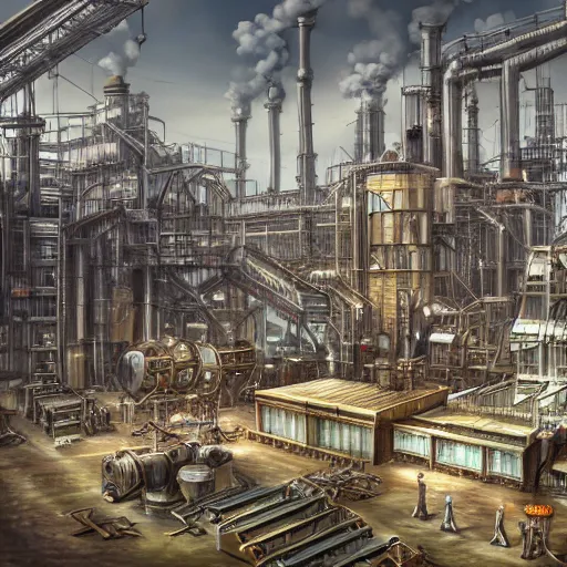 Image similar to photorealistic photograph of a giant steampunk factory, realism, 4k