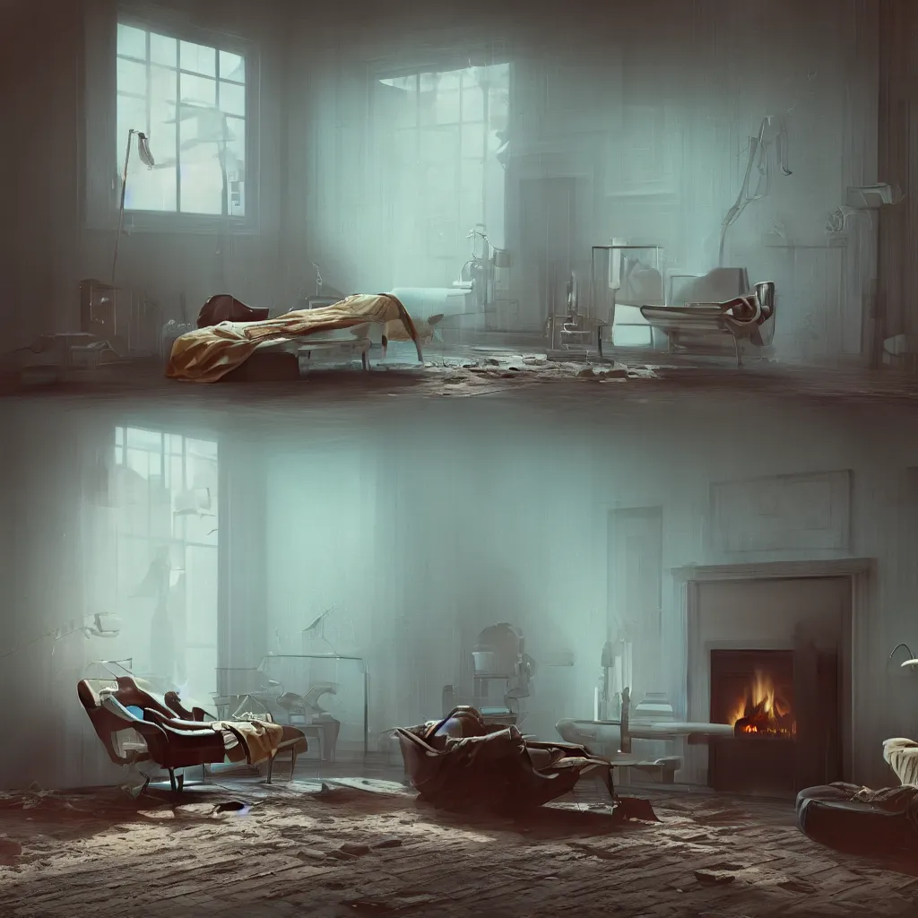 Image similar to intimate photograph of one single lone solitary cerulean and brown decaying futuristic robot lying on a frayed fainting couch in front of a beautiful fireplace with a cozy fire, in a dusty Victorian home, soft morning light seeping in a window, with cinematic lighting and lens flare, tall ceiling, octane render, cgsociety, by Simon Stalenhag and Rouhollah Toghyani and Sylvian Boussiron and Alfonso Cuaron, highly detailed closeup portrait, award-winning highly detailed 8k anamorphic closeup tight cinematic movie photograph