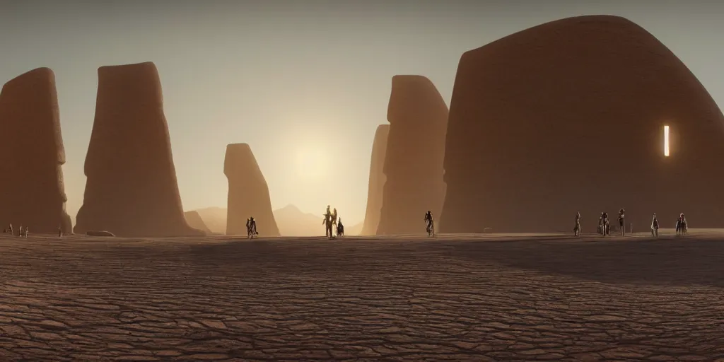 Image similar to an enormous monolithic alien building in the desert, a large line of people are walking toward it starting at the foreground and ending at the building, single file, in the foreground on a rock is an alien creature catching a fly with its tongue, two suns are in the sky, clear skies, volumetric light, hyperdetailed, artstation, cgsociety, 8k