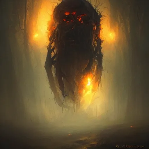 Image similar to a beautiful terrifying monster of ash and smoke, eyes and mouth glowing like burning embers. ethereal horror fantasy art by greg rutkowski