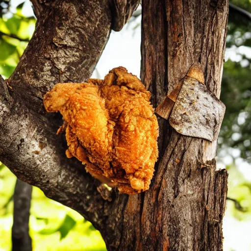 Image similar to Fried chicken nailed to a tree, high definition photography, professional