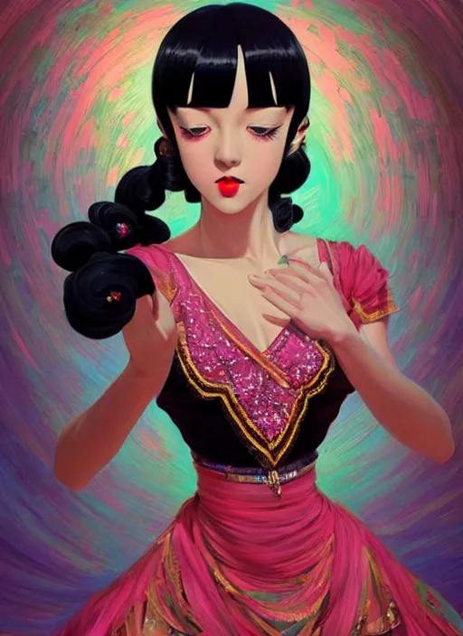 Image similar to a beautiful dancer with black hair in 1930's fashion, living room background, intricate, highly detailed, digital painting, artstation, official media, anime key visual, concept art, rich vivid colors, ambient lighting, sharp focus, illustration, art by Artgerm, Makoto Shinkai, Ilya Kuvshinov, Lois Van Baarle, and Rossdraws