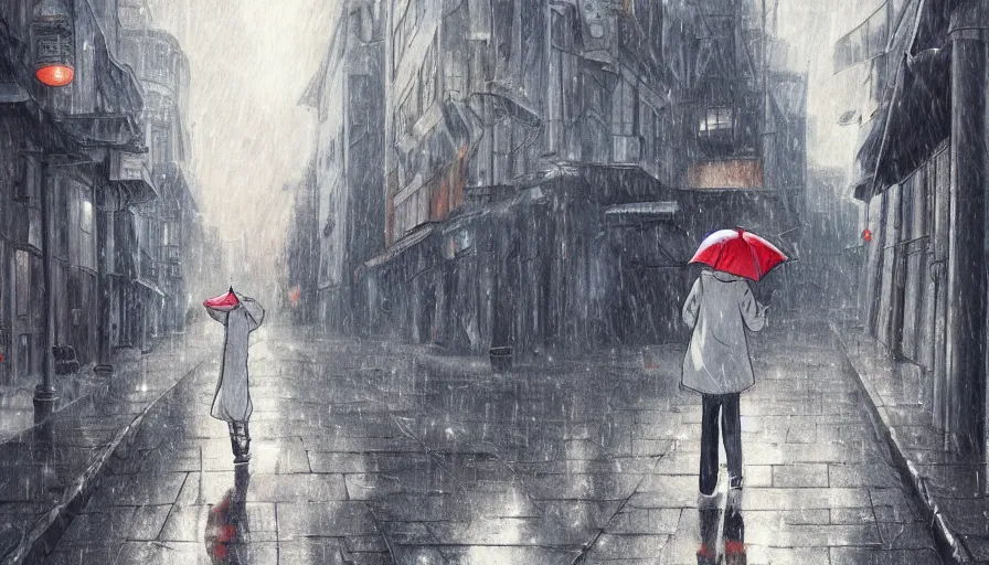 Image similar to detailed anime art. hooded boy holding an umbrella, walking through a ( rainy ) street. ( ruined ) buildings in the background. ( cinematic detailing ) ( anime art )