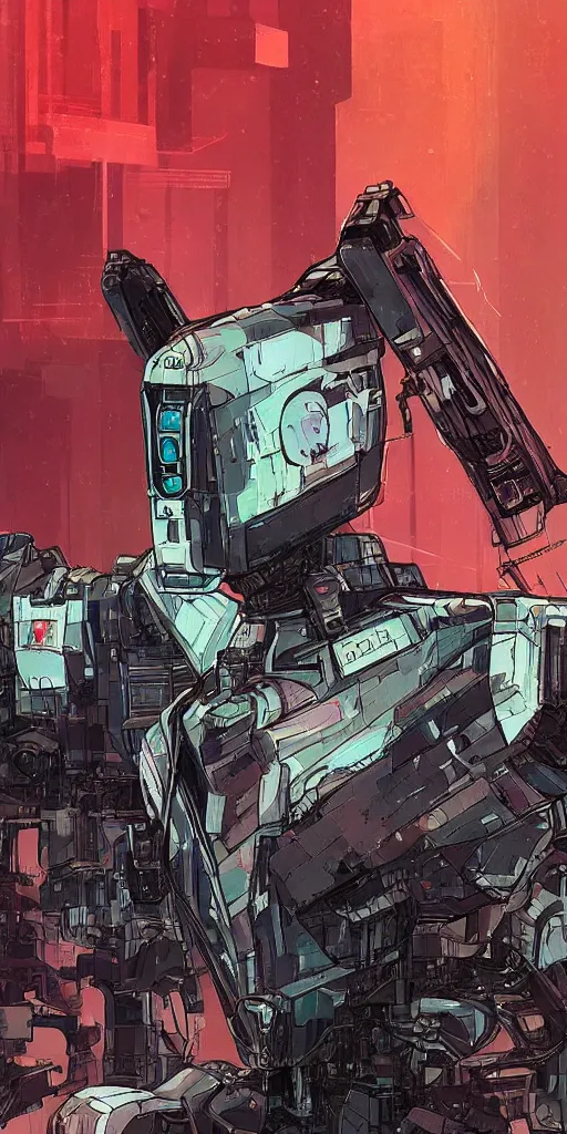 Image similar to portrait sci-fi concept art of a cybernetic mech robot, retrowave noir, atom punk, dynamic lighting, disco elysium, in the style of Yoji Shinkawa and olly moss