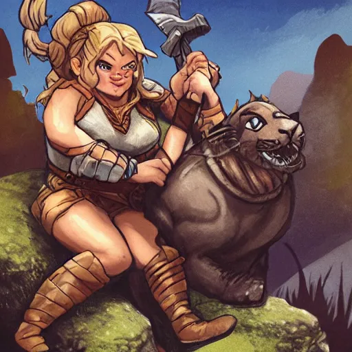 Image similar to D&D art of a female halfling rogue with hairy feet, riding on top of a panther through waterdeep, sunny afternoon