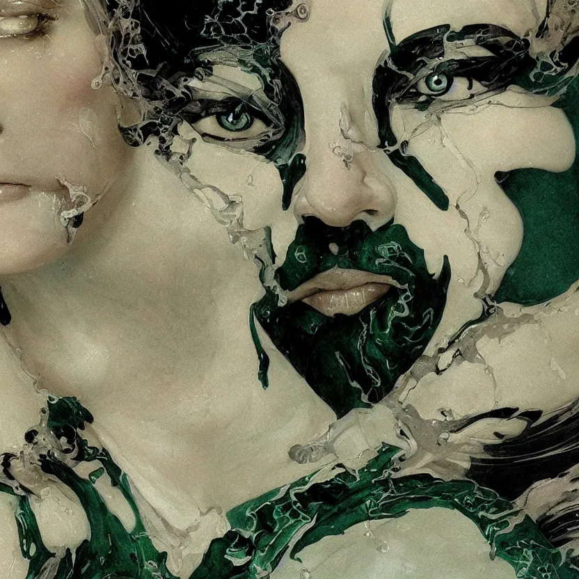 Image similar to a dark baroque close - up portrait of a deep green and white porcelain being made out of white sci - fi vitrified translucent ceramic marble ; china. reflective detailed textures. gloomy black background. highly detailed fantasy science fiction painting by moebius, norman rockwell, frank frazetta, and syd mead. rich colors, high contrast. artstation