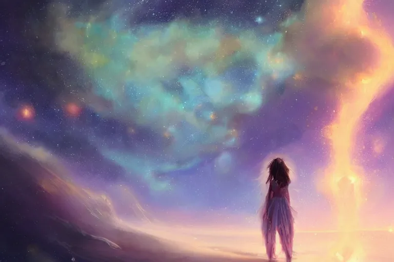 Prompt: the night sky is an upside down ocean, the stars are fish in the depths, the night sky is a sea, distant nebula are glowing algae, the ghostly cosmic star child looks down from the veil of the sky, her hair is the milky way, starscape of luminous pastels, fantasy painting by jessica rossier