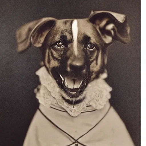 Prompt: victorian portrait of a smiling dog