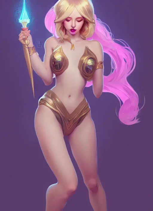 Prompt: lux from league of legends with hands clasped over head, pinup pose, minimal clothing, hyper detailed, digital illustration, illustration, trending in artstation, cinematic lighting, studio quality, sharp focus, intricate, elegant, art style by alphonse mucha and klimt and nixeu and ian sprigger and wlop and krenz cushart