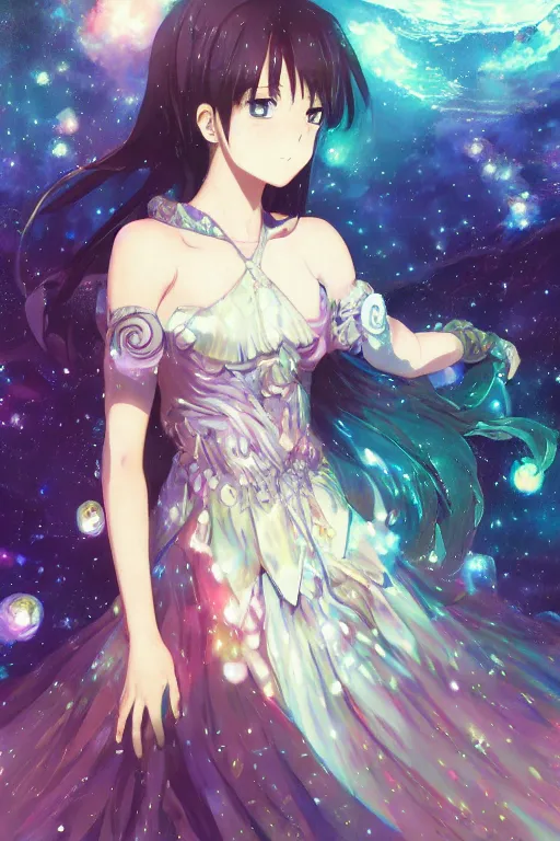 Prompt: anime key visual of a beautiful girl wearing a dress made of stars and nebulae, dramatic, volumetric lighting, planets in the background, intricate, magical forest, stunning, highly detailed, digital painting, artstation, smooth, hard focus, illustration, art by artgerm and greg rutkowski and alphonse mucha