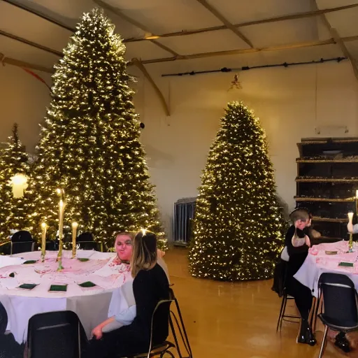 Prompt: a gymnasium party full of lit Christmas trees, Victorian theme, snow coming through windows