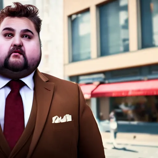 Image similar to Close up portrait of a chubby man wearing a brown suit and necktie with a bakery in the background. Photorealistic. Award winning. Dramatic lighting. Intricate details. UHD 8K. He looks about to cry.