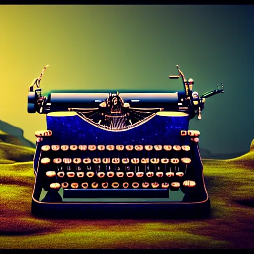 Prompt: ancient giant iridescent typewriter in desolate and lush landscape, moody, :: by James Jean, Jeff Koons, Dan McPharlin, Daniel Merrian :: ornate, dynamic, particulate, rich colors, intricate, elegant, highly detailed, centered, artstation, smooth, sharp focus, octane render, 3d