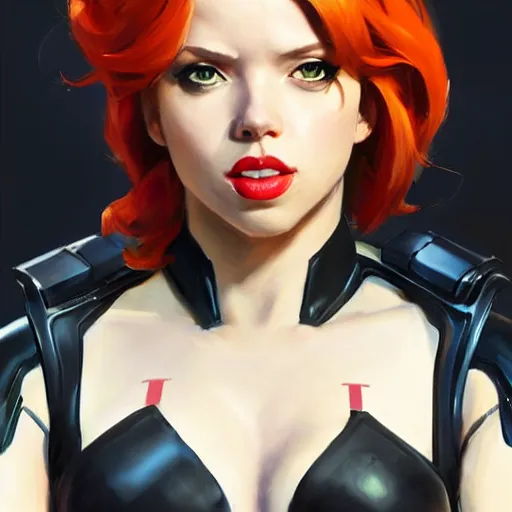 Image similar to greg manchess portrait painting of black widow as overwatch character, medium shot, asymmetrical, profile picture, organic painting, sunny day, matte painting, bold shapes, hard edges, street art, trending on artstation, by huang guangjian and gil elvgren and sachin teng