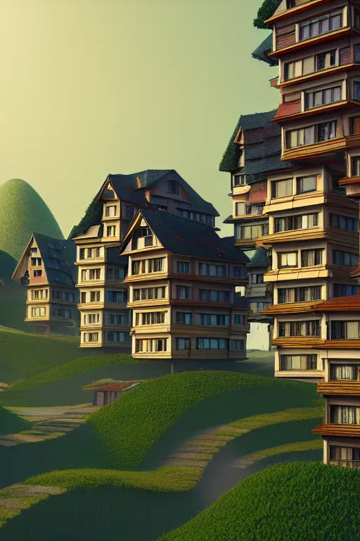 Image similar to stacked houses, solarpunk, francois schuiten, studio ghibli, octane render, 4 k