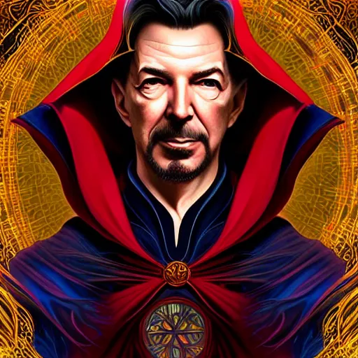 Image similar to glorious full head portrait of Leonard Cohen as Dr Strange, fantasy, intricate, elegant, digital painting, trending on artstation, concept art, sharp focus, illustration by Gaston Bussiere and artgerm, 4k.