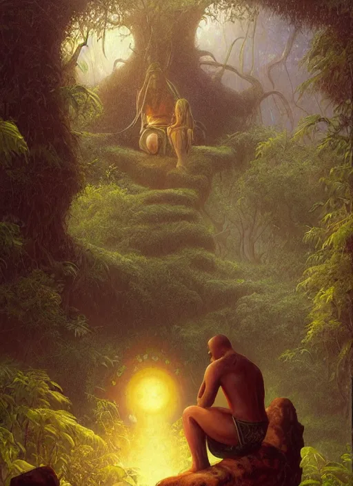 Image similar to an indigenous man sitting and praying in the jungle, while ghosts of his ancestors watch over him, art by christophe vacher