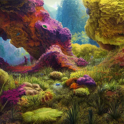 Image similar to beautiful detailed painting of a lush natural scene on a colourful alien planet by vincent bons. ultra sharp high quality digital render. detailed. beautiful landscape. weird vegetation. water. soft colour scheme. grainy.