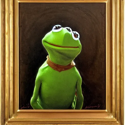 Image similar to portrait of kermit the frog by theodore ralli and nasreddine dinet and anders zorn and nikolay makovsky and edwin longsden long