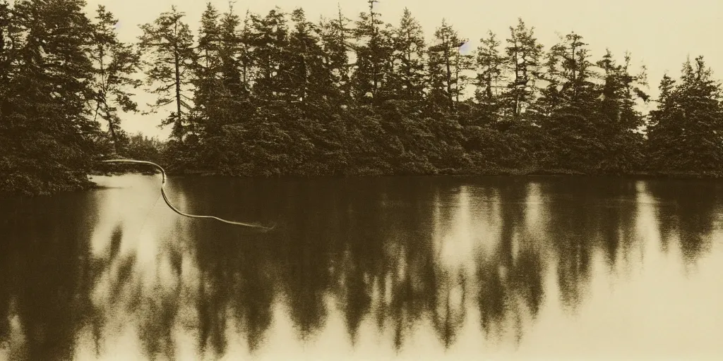 Image similar to symmetrical photograph of a very long rope on the surface of the water, the rope is snaking from the foreground stretching out towards the center of the lake, a dark lake on a cloudy day, trees in the background, moody scene, dreamy kodak color stock, anamorphic lens