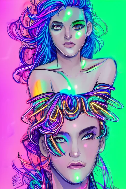 Image similar to a award winning portrait of a beautiful woman with stunning eyes in a one off shoulder croptop and cargo pants with rainbow colored hair, outlined by whirling illuminated neon lines and fine lines swirling in circles by ossdraws, digital art, trending on artstation