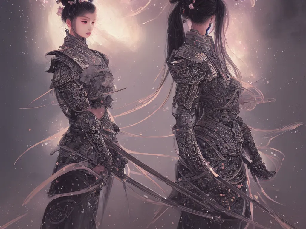 Image similar to portrait jisoo blackpink samurai girl, grey hair armored samurai clothes, in japanese temple fire stormy sparkles night, ssci - fi and fantasy, intricate and very very beautiful and elegant, highly detailed, digital painting, artstation, concept art, smooth and sharp focus, illustration, art by tian zi and wlop and alphonse mucha