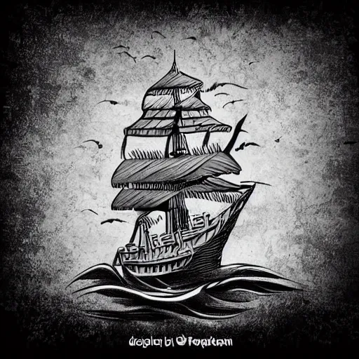 Image similar to a pirate ship sailing in the sea, realism tattoo design, amazing shades, clean white paper background, in the style of Matteo Pasqualin