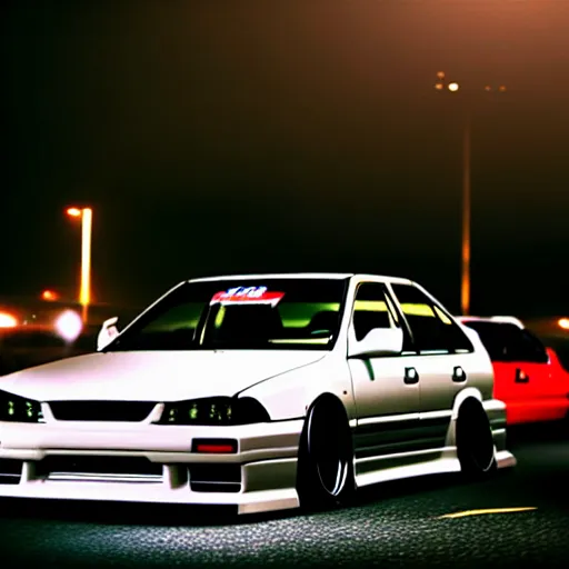 Image similar to a car JZX90 turbo drift at illegal car meet, Chiba prefecture, city midnight mist lights, cinematic color, photorealistic, highly detailed wheels, 200MM