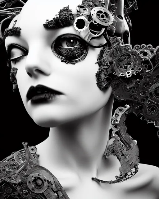 Image similar to black and white dreamy foggy poetic smoky profile face portrait, one silver steampunk realistic eye biomechanical beautiful angelic young female cyclope - cyborg - robot bust, body ribs meshes,, volumetric light, hibiscus flowers, by dora maar, rim light, big gothic fashion pearl embroidered collar, 8 k