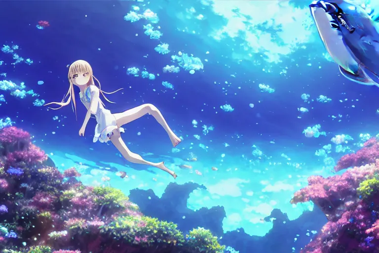 Prompt: a panorama distant view under the water, underwater world, anime art full body portrait character concept art, hyper detailed cg rendering of a cute girl and whale, anime key visual of violet evergarden, finely detailed perfect face, style of raphael lacoste, makoto shinkai, violet evergarden, studio ghibli, james jean, hayao miyazaki, extremely high quality artwork