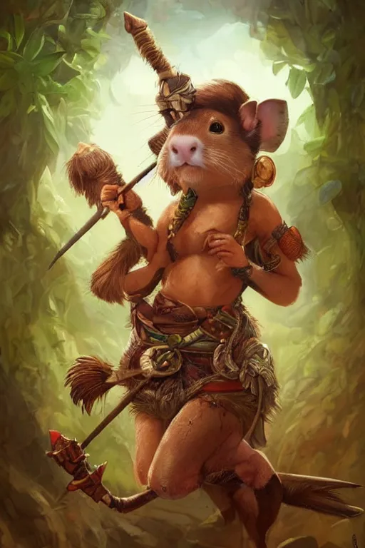 Prompt: cute little anthropomorphic Guinea Pig Indian Jungle native, tiny, small, short, wielding spear, cute and adorable, pretty, beautiful, DnD character art portrait, matte fantasy painting, DeviantArt Artstation, by Jason Felix by Steve Argyle by Tyler Jacobson by Peter Mohrbacher, cinematic lighting