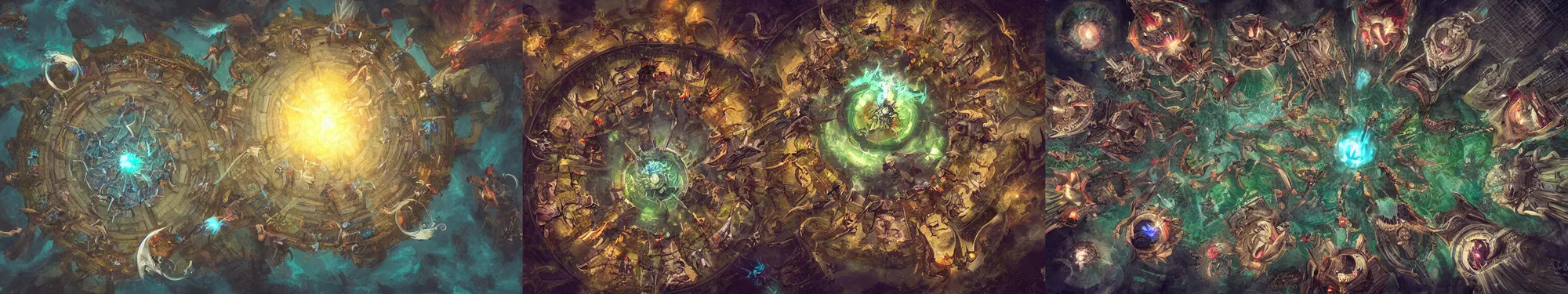 Prompt: mages in circle, summoning from the evil realm, aerial view. fantasy, digital painting, hd, detailed.